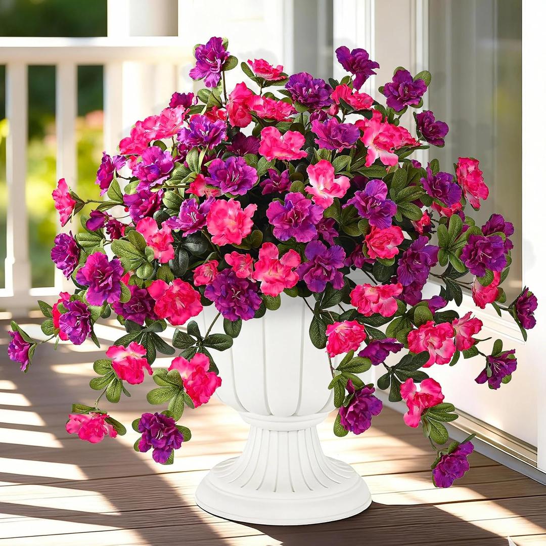 Dolicer Artificial Flowers for Outdoors, 2 Bundles UV Resistant Fake Rose Red & Purple Artificial Outdoor Plants Look Real for Outside Front Faux Door Porch Patio Balcony Decor