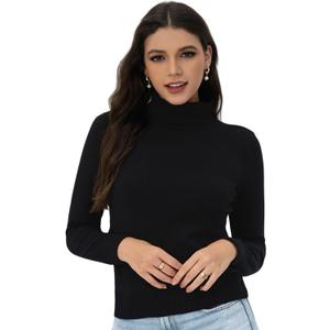 2025 Women's High Neck Long Sleeve Knitted Sweater, Fashionable Women's Long Sleeve Pullover Sweater (X-Large, Black)
