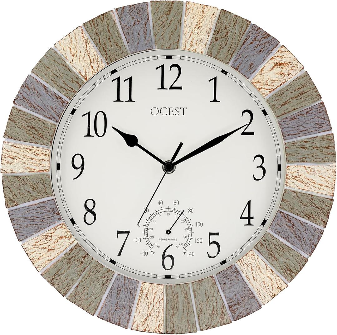 OCEST Indoor Outdoor Clock and Thermometer, 13 Inch Large Waterproof Wall Clocks, Retro Silent Non-Ticking Battery Operated Weatherproof Clock for Patio, Pool, Lanai, Fence, Porch, Garden