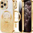 Hython for iPhone 11 Pro Max Case Glitter, Compatible with MagSafe Love Heart Magnetic Clear Phone Cases for Women Girls, Full Camera Protection Sparkle Plating Shockproof Protective Cover, Gold