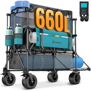 FUNDANGO Double Decker Wagon  660L Extra High Extender Collapsible Wagons Carts Foldable Heavy Duty with Tailgate, Brakes & All-Terrain Big Wheels for Sports, Camping, Grocery Shopping, Blue