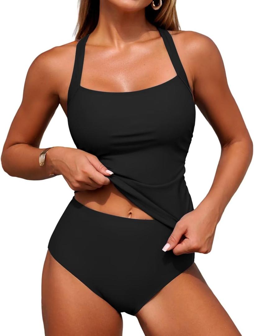 ZAFUL Women's Tankini Swimsuits Tummy Control Swimwear Two Piece Bathing Suits Swim Top with High Waisted Bottom Large