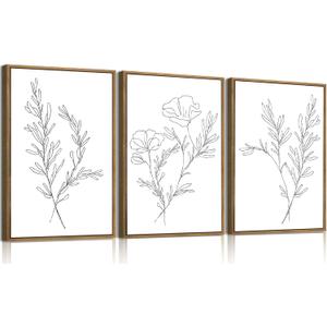 KISSFOX 3 Piece Framed Wall Art Botanical Wall Decor Floral Pictures Wildflower Canvas Art Black White Line Paintings Minimalist Boho Artwork For Bedroom Living Room Bathroom, 16x24 In Natural Framed