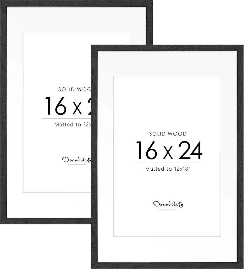 16x24 Solid Wood Poster Frame, Natural Wood Picture Frame with Paper Mat, Display picture 12x18 with mat or 16x24 without Mat, Set of 2 Black Picture Frame