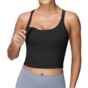 Foucome Nursing Tank Tops for Breastfeeding Longline Nursing Sports Bra Cross Back Workout Crop Top with Built in Bra (Medium, Black)