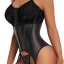 Women's Sexy Lace Lingerie Set with Garter Belt Bodysuit Teddy and Panty (Black)L-XL