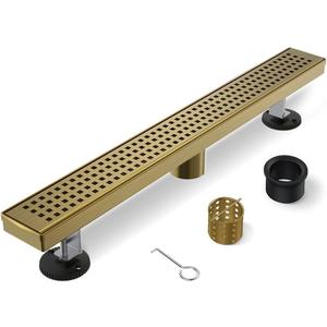 Linear Shower Drain, 42 Inch Gold Shower Drain with Removable Square Hole Cover Grate, Bathroom Modern 304 Stainless Steel Brushed Gold Shower Floor Drain with Adjustable Feet,Hair Filter