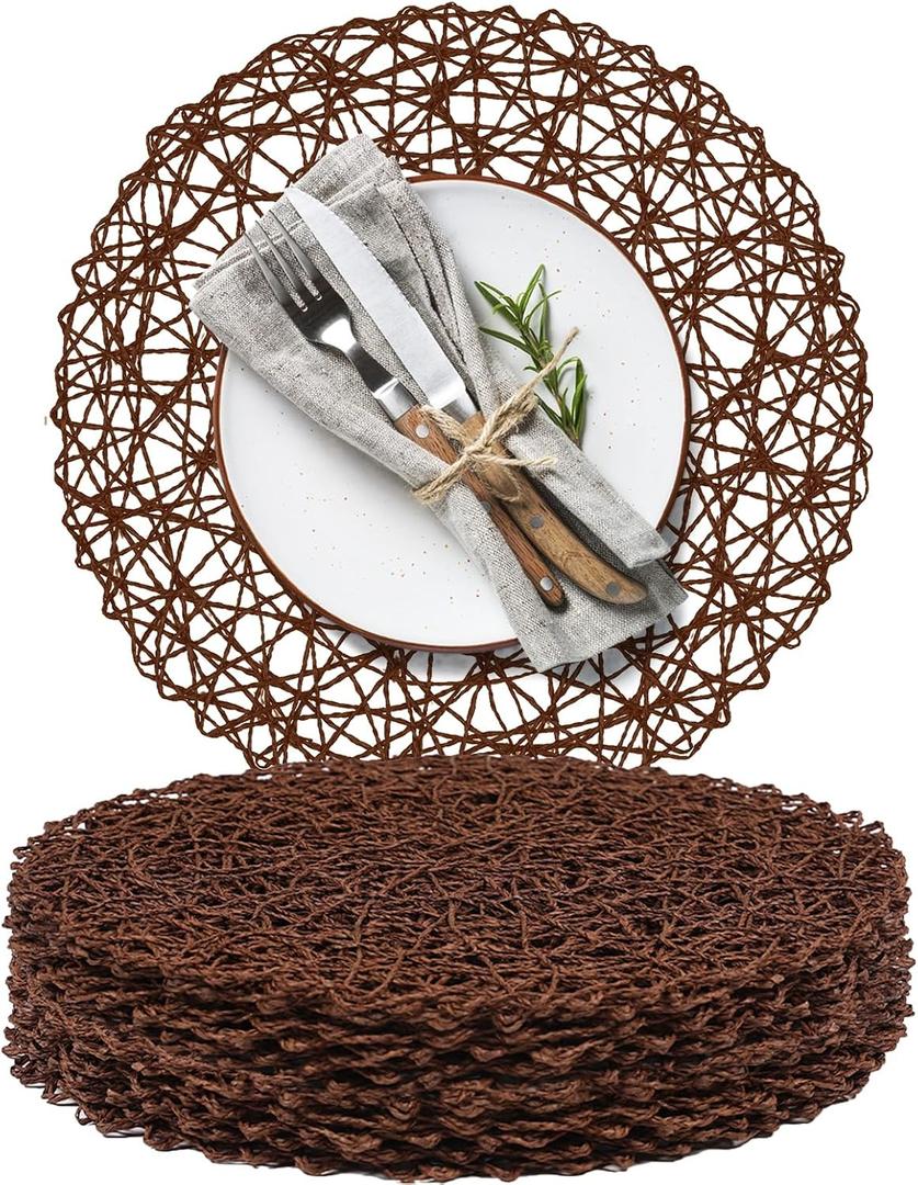 AHHFSMEI Paper Braided Round Placemats Set of 12 Natural Non-Slip Heat Resistant Table Mats for Dining Tables Woven Indoor & Outdoor Place mats(Coffee,12), 13 inches