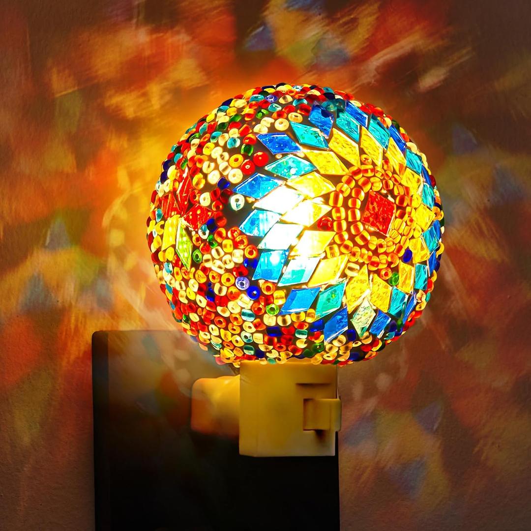 Hortsun Turkish Lamp Stained Glass Night Lights Moroccan Lamp Plug into Wall Mosaic Night Lights Plug in Bohemian Globe Decor for Living Room Corridor Bedroom Decorations Christmas Decor and Gift
