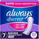 Always Discreet Adult Incontinence Pads for Women, Ultimate Extra Absorbency, Long Length, Postpartum Pads, 104 Count (4 Packs of 26) (7-drop)