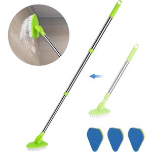 2 in 1 Scrub Cleaning Brush with 37 Long Extendable Handle,1 Stiff Bristle and 3 Sponge Brushes, Lightweigh Detachable Shower Scrubber for Cleaning Bathroom Shower Bathtub Glass Tile Floor