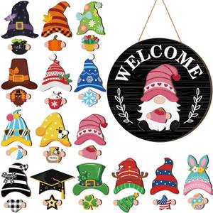 Qunclay Interchangeable Wooden Gnome Decor Holiday Seasonal Gnome Decorations with Magnet Pieces and Detachable Hats Changeable Welcome Sign for Home (Black Style)