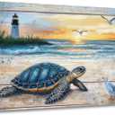ZSHARTSWD Sea Turtle Wall Art Sunset Beach Turtle Canvas Prints Blue Ocean Lighthouse Pictures Coastal Scenery Painting for Bathroom Living Room Decor Framed (Beige, 16.00" x 24.00")