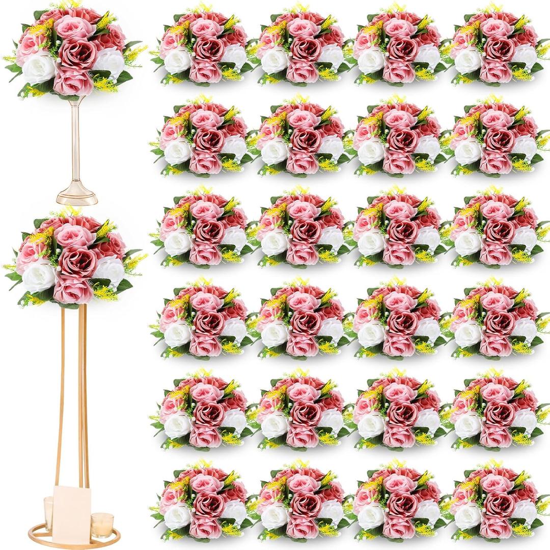 Hotop 24 Pcs Flower Balls Wedding Rose Centerpieces Silk Flower Kissing Balls Arrangement Artificial Hydrangea Flower Bouquet Faux Rose Floral Decoration (Dusty Pink, Pink, White)
