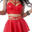 Sexy Strappy Leather Underwire Mini Choker Lingerie Set Skirts Dress with Thong 3 Piece Outfits (Small, Matte Red)