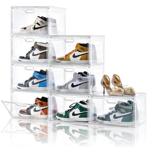 Amllas 8 Pack Shoe Boxes Clear Plastic Stackable, Large Shoe Storage Organizer with Lids, Drop Side Shoe Containers for Entryway, Sneaker Storage Fit up to US Size 13 (13’’x 10.6”x 8.3”)
