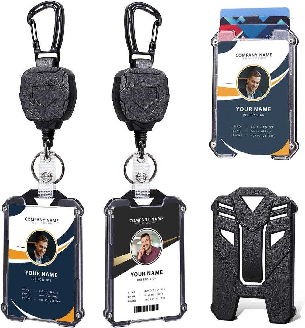 Badge Holder Retractable Clip Heavy Duty Carabiner Badge Reel Keychain with Lanyard ID Cards Holder Cool Tactical ID Holder (2 Holders and 2 Badge Reels (Black # 02))