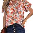 SHEWIN Women's Casual V Neck Floral Print Smocked Short Sleeve Chiffon Blouses Bohemian Top Shirts (XL)