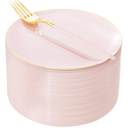 I00000 144PCS Pink Plastic Dessert Plates with Disposable Forks, Premium Pink Cake Plates, Fancy Apetizer Plate with Gold Rims Perfect for Party