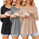 Ekouaer Women's Nursing Tops Long Sleeve Nursing Shirts Double Layer Maternity Clothes 3 Packs Breastfeeding Shirts (Black, XXL)