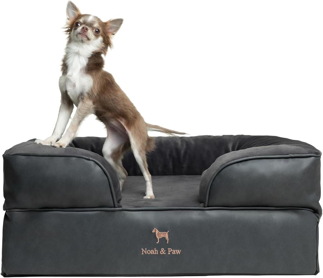 NOAH & PAW Dog Bed, 28x23x11 Inch, Orthopedic Dog Beds for Medium Size Pets, Eggshell Memory Foam Infused with Cooling Gel, Inner Cover, Waterproof, Machine Washable (Faux Leather Sofa Collection) (Charcoal)