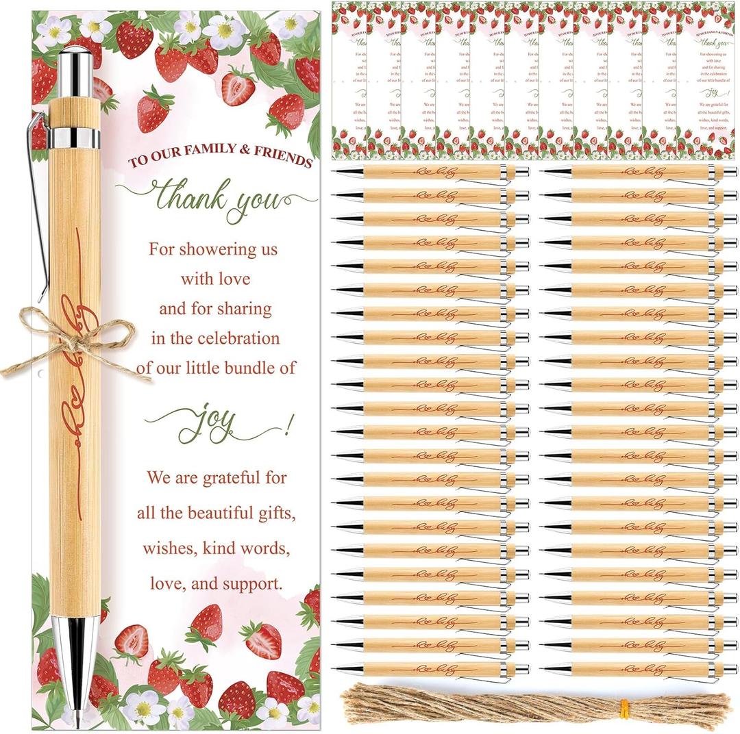 50 Sets Strawberry Baby Shower Ballpoint Pen Gifts Bulk for 50 Guest Wood Bamboo Pens Thank You Cards A Berry Sweet Baby Is On The Way Party Favors Decor