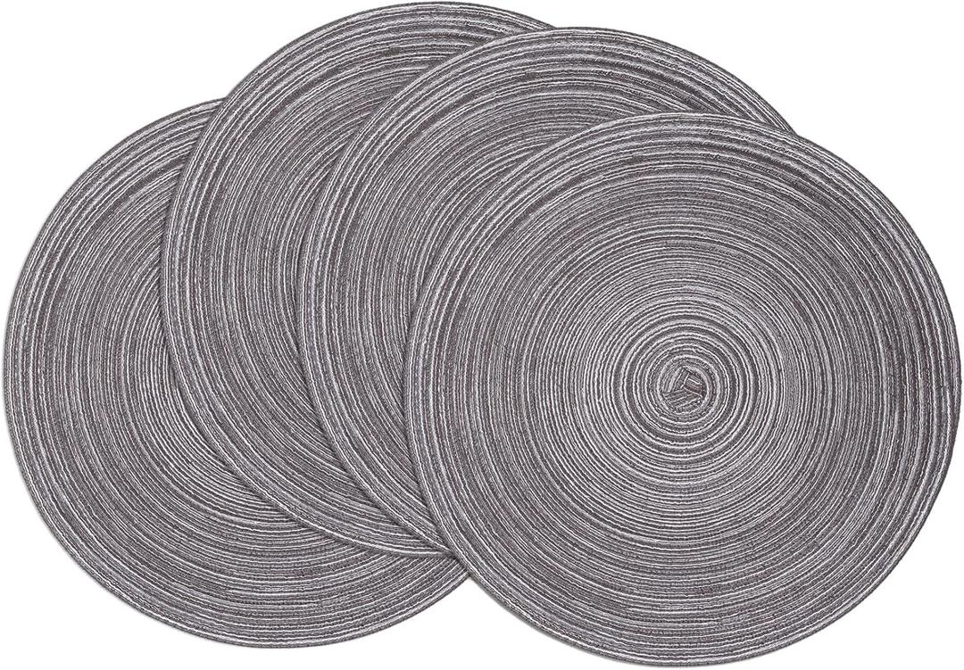 SHACOS Round Placemats Set of 4 Round Braided Placemats 15 inch Cotton Polyester Woven Table Placemats for Dining Table Holiday Party (Black Grey, 4)