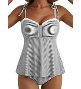 Aleumdr Womens Bikini Sets 2 Piece High Waisted Tummy Control Swimsuit Adjustable Strap Bikini Top with Swim Skirt Black and White Stripe, Large 