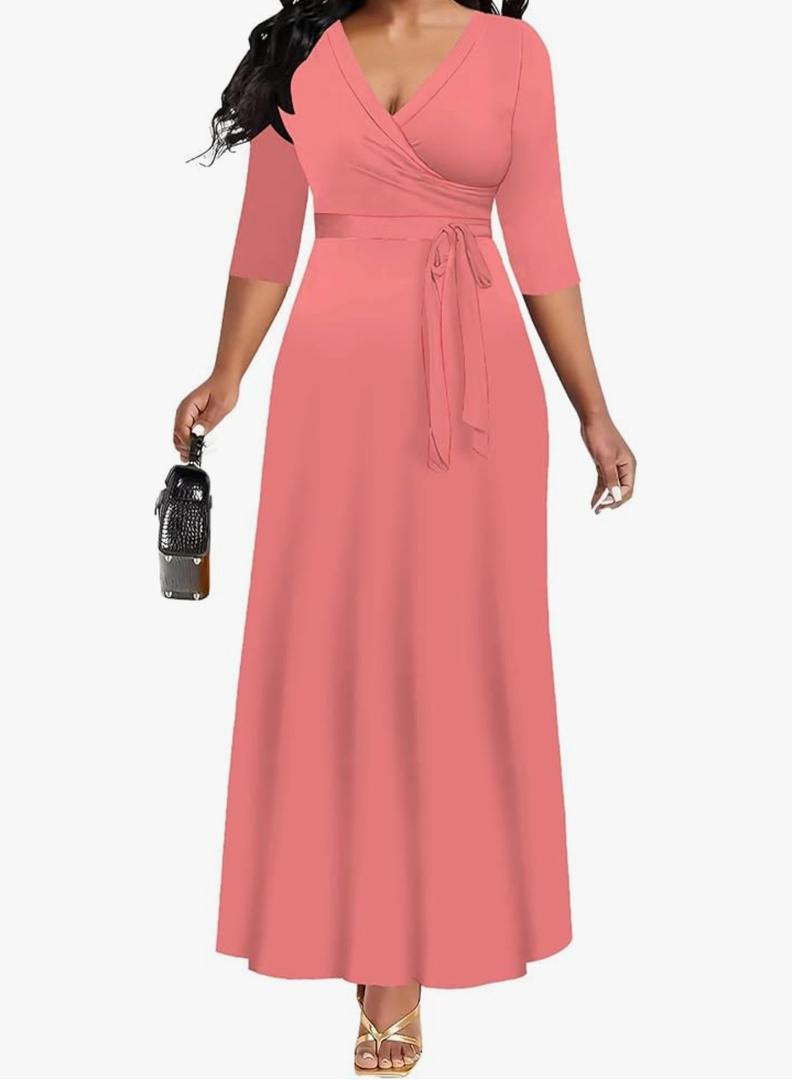 Women's Casual Maxi Dress Solid Bohemian Summer Dress Wrap V Neck 3/4 Sleeves Elegant Wedding Guest Midi Dress Belt, Medium