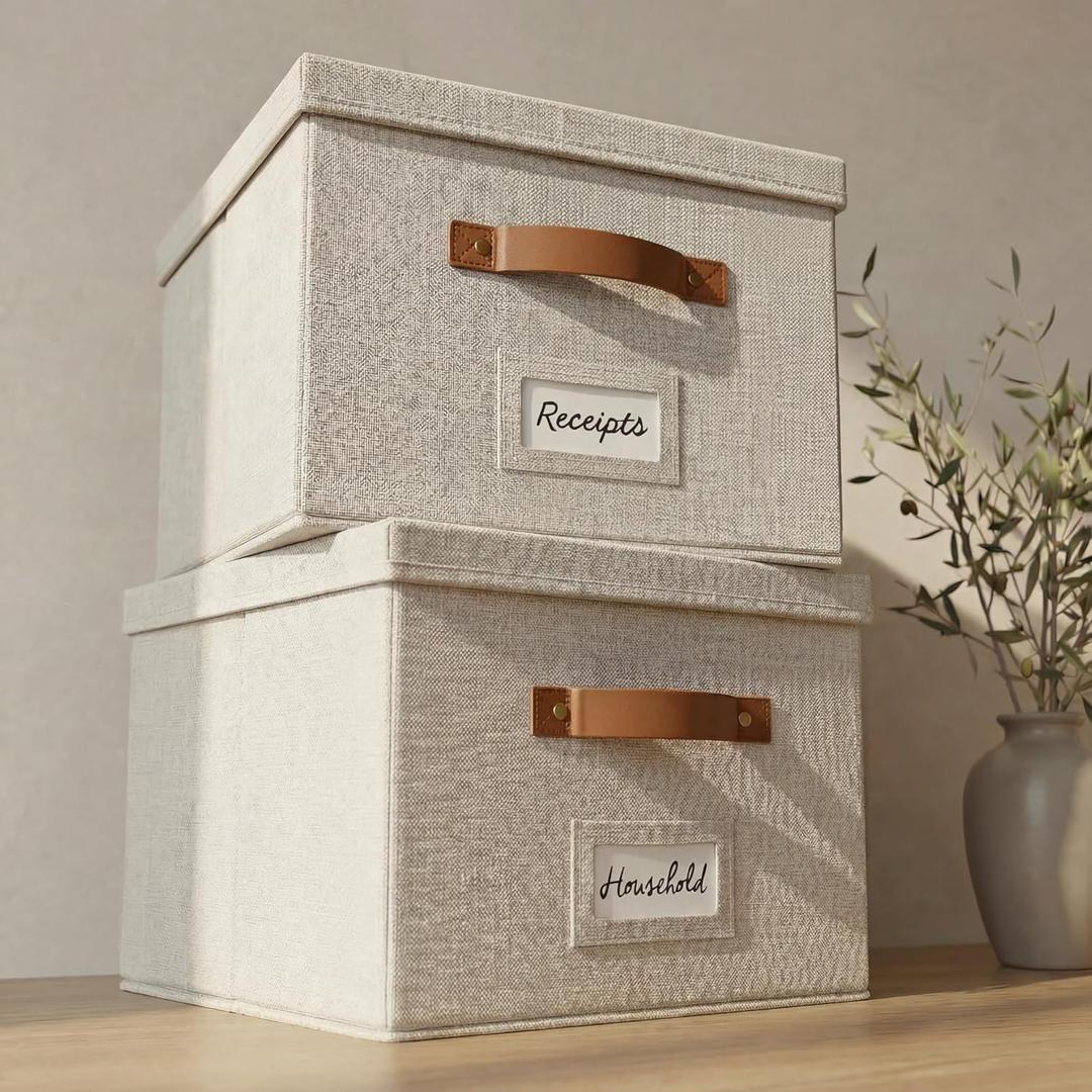 ZICOTO Decorative File Organizer Box Set of 2 - Collapsible Linen Filing Cabinets with Handles Are Perfect to Store All Your Documents & Hanging File Folders - Portable Easy Slide Crates with Lid