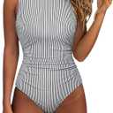 SUUKSESS Women One Piece Ruched Swimsuit Tummy Control Backless Bathing Suit (Small, 097white Black Striped)