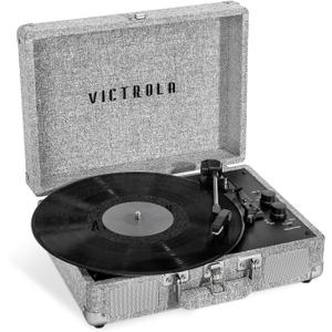 Victrola Journey+ Signature Turntable Record Player  33-1/3, 45 & 78 RPM Suitcase Vinyl Record Player, Bluetooth Connectivity & Built-in Speakers, Stereo RCA Output, Linen Finish (Light Grey Linen)