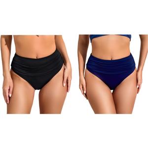 COCOPEAR Full Coverage Bikini Bottoms for Women Mid Rise Bathing Suit Bottoms for Women Ruched Tummy Control Swim Bottoms 2# Black+ Navy 2XL