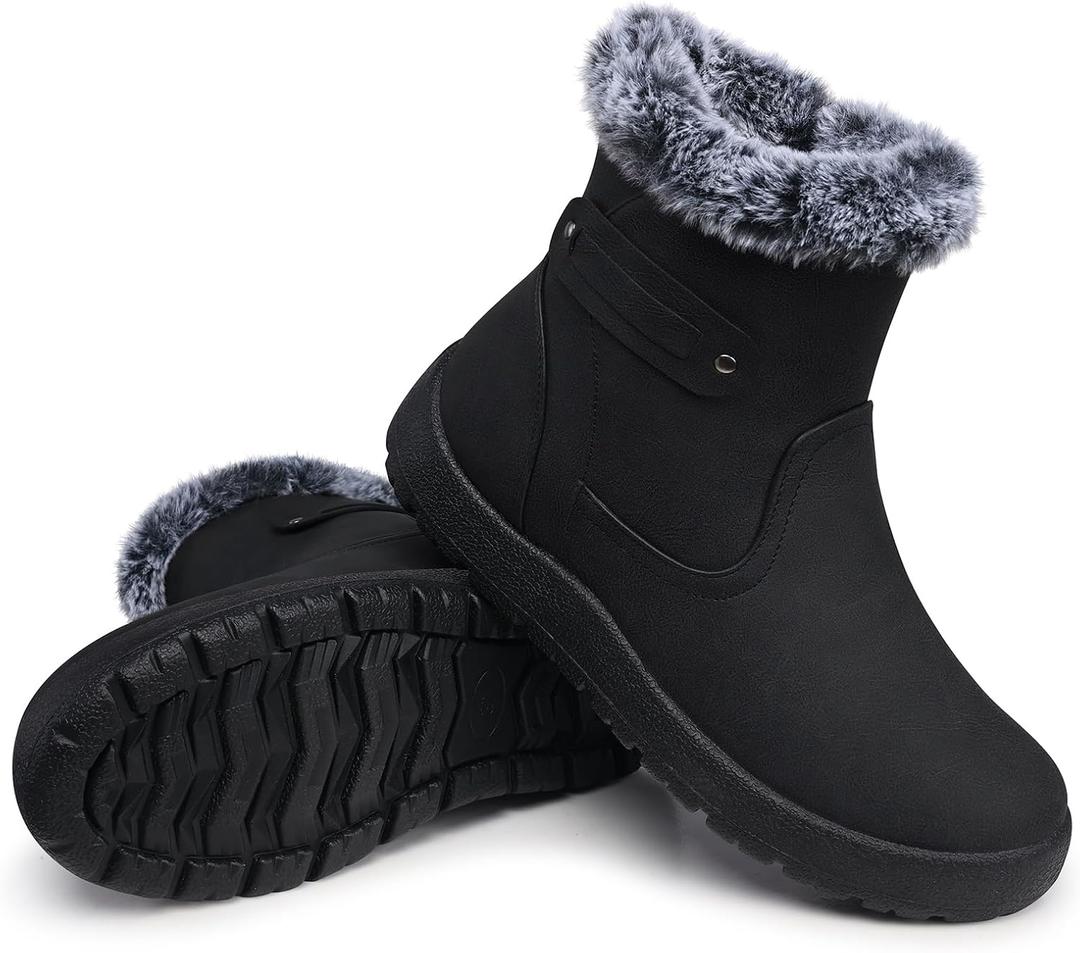 SHIBEVER Women's Snow Boots Winter Fur Lined Waterproof Anti-Slip Booties Women Ankle Snow Boots (5, Black)