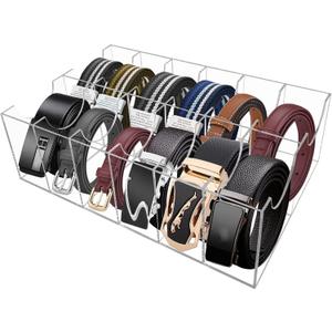 Belt Organizer, Acrylic 12 Compartments Belt Container Storage Holder, Acrylic Belt Display Storage Box, Clear Belt Display Case for Closet Tie and Bow Watch Jewelry Bracelets Ring Cosmetic