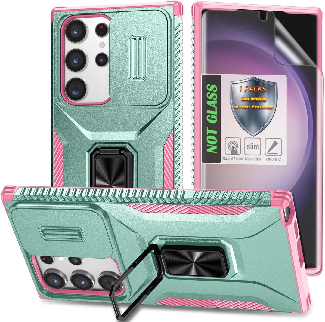 for Galaxy S23 Ultra Case with Sliding Camera Lens Cover, HD Screen Protector,360 Rotating Kickstand,AYMECL Military-Grade Shockproof Protective Cover for Samsung Galaxy S23 Ultra,Mint+Pink