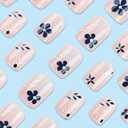 3 x 24 Pcs Press on Nails Short Square - ZIFANHU Pink Fake Nails Press ons Nail Art Tip Full Cover Acrylic Dark Blue False Nails with Five Petal Flower Glossy Design Glue on Nails for Women
