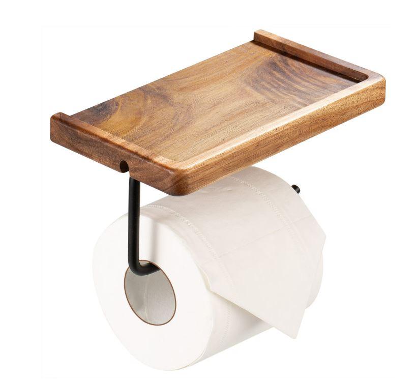 Yangbaga Toilet Paper Holder Black Matte with Wooden Shelf-Bathroom Toilet Tissue Roll Holder Wall Mount with Self Adhesive and Screw for Small Items,Tissue Holder for Bathroom Kitchen Office Bedroom