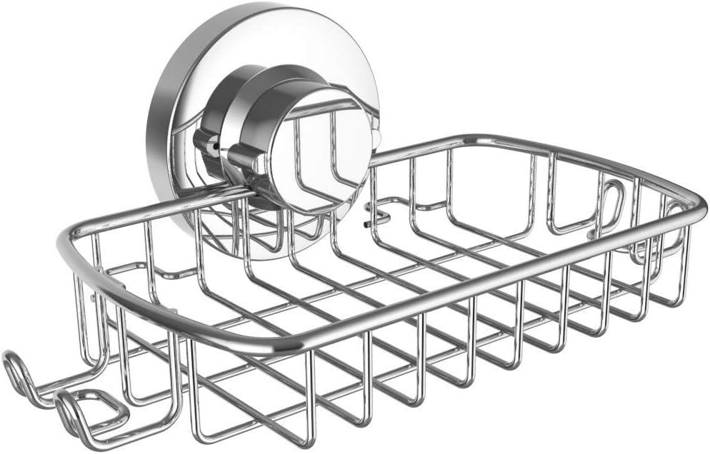 Soap Dish for Shower Suction Cup Powerful Vacuum System Rustproof 304 Stainless Steel Basket Sponges Holder with Razor Hooks for Bathroom or Kitchen Soap Holder (Silver)