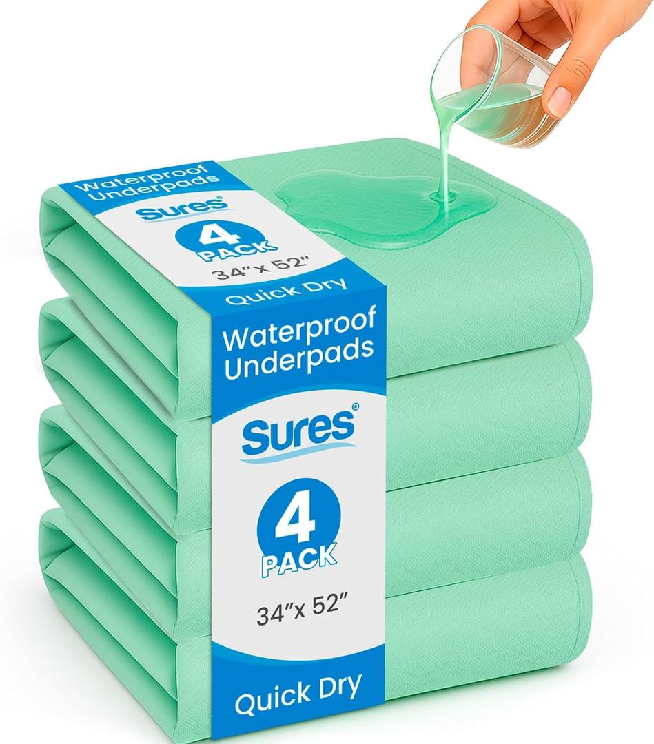 Sures Washable, Waterproof Bed Pad & Mattress Protector for Incontinence (34" x 52" - 4 Pack) - Reusable Bed Pad for Adults & Elderly - Bed Wetting Protection Mattress Pad - Underpad Bedwetting Sheet