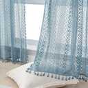 WAZZIO Light Blue Sheer Curtains 84 Inches Long 2 Panels with Rod Pocket Tassel Cotton Boho Crochet for Bedroom Living Room, Stone Blue