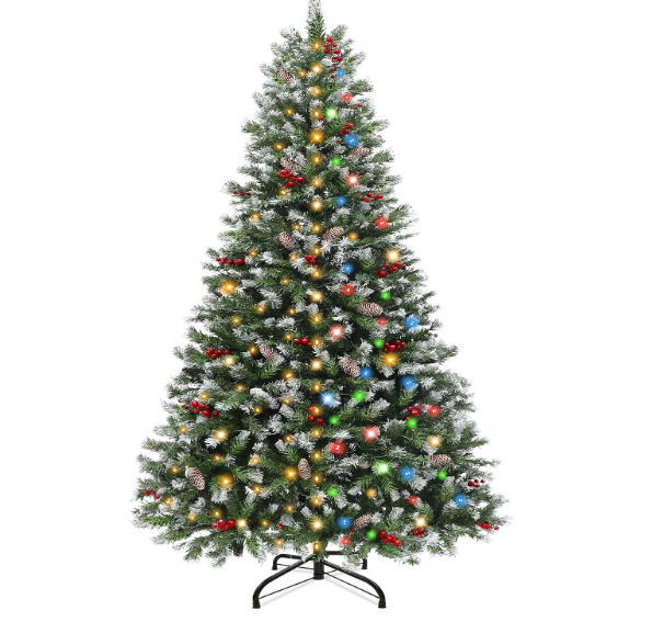 Prelit & Snowy 6 Ft Full Christmas Tree with Lights 250 LED 2-In-1 White & Multicolor 800 Frosted Tips 8 Modes Timer Pre-Decorated Pinecones Berry Metal Stand Hinged Artificial Xmas Tree Holiday Decor