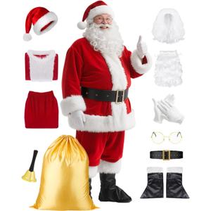 ZIW 11pcs Santa Claus Costume Suit for Men Women Adults Deluxe Christmas Outfit Xmas Velvet Coat with Bell Red