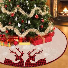 BEBEKULA 48 inch Burlap Christmas Tree Skirt, Red and Black Plaid Reindeer Extra Large Tree Skirts, Xmas Tree Skirt for Christmas Decorations Indoor Outdoor (48")