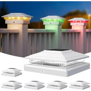APONUO Solar Post Cap Lights Color Changing 6 Pack - RGB 8 Solid & Gradient Colors, IP65 Waterproof, for 4x4 5x5 6x6 Wood Vinyl Fences, Deck, Patio, Yard (White)