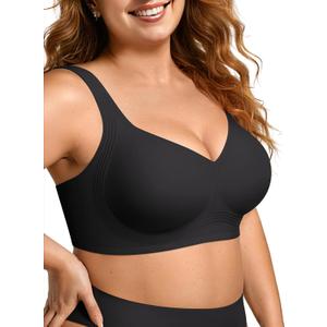 OEAK Womens Wireless Jelly Bra Plus Size Supportive Seamless Bras Full Coverage Push Up Comfortable No Underwire Tshirt Bras (Black, L)