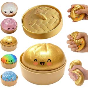 Glitter Dumpling Squishy, Dumpling Squishies, Mystery Box Squeeze Toy, Colorful Stress Balls Fidget Sensory Toy with Steamer,Suitable for Adult use in Offices and Homes (Gold)