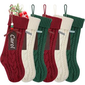 KaKaPops Christmas Stockings, 18 Inches Christmas Stocking with Name Tags Cable Knitted Stocking Decorations for Holiday Party Decor (2pcs Burgundy + 2pcs Green + 2pcs Ivory)