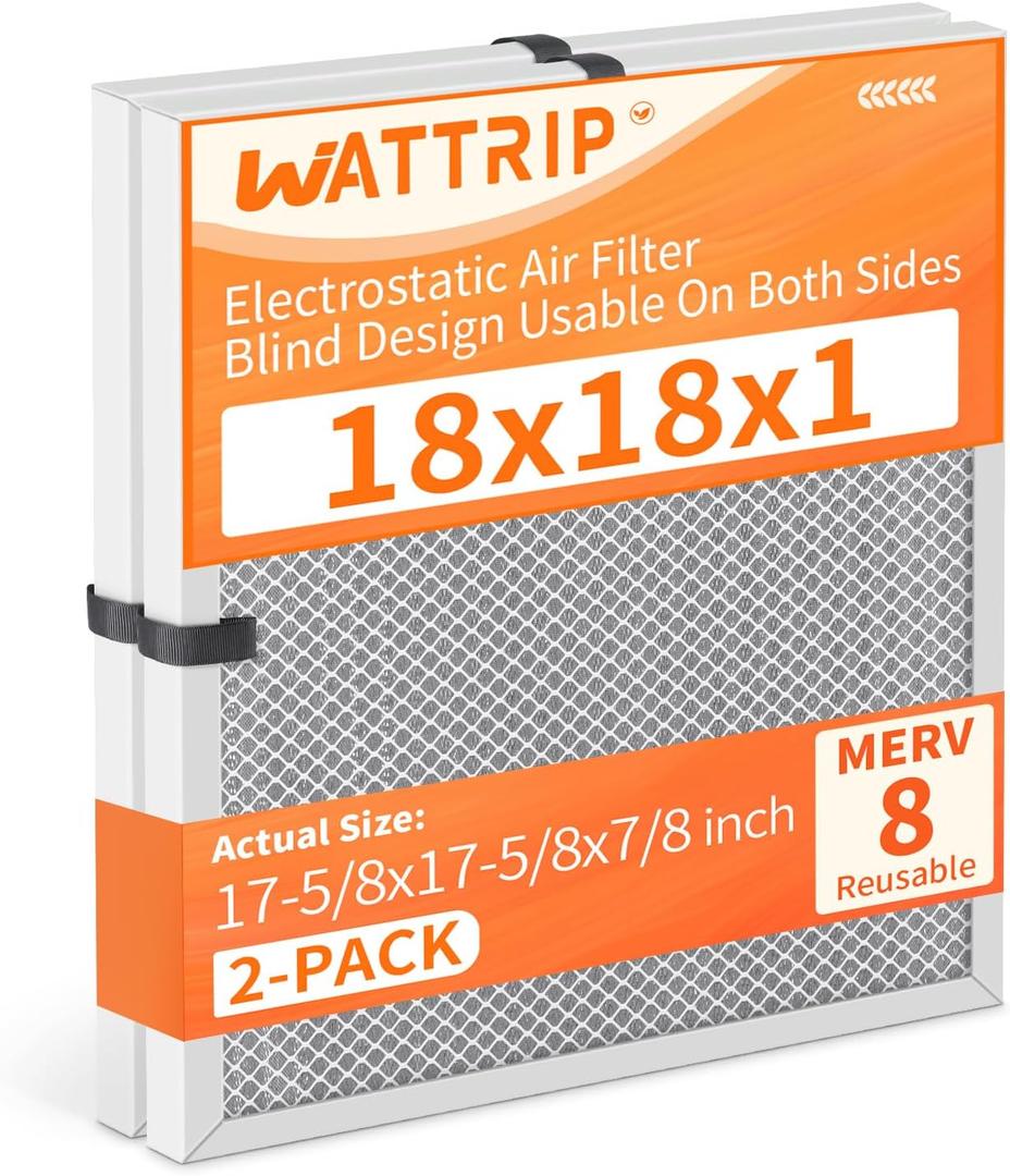 2-Pack 18x18x1 MERV 8 Reusable & Washable Electrostatic Air Filters - Long-Lasting Filter for HVAC, Furnace & Air Conditioner Units, Actual Size: 17-5/8 x 17-5/8 x 7/8