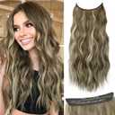 Medium Brown with Ash Blonde Highlight Halo Hair Extensions with Invisible Wire and 4 Secure Clips Wavy Synthetic Hair Extensions for Women Daily Part Use